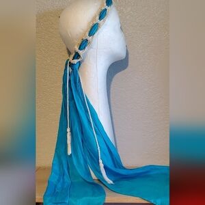 Blue Silk & Crochet Ivory Headpiece Head Band Hair Wrap Scarf Fringe Tassels